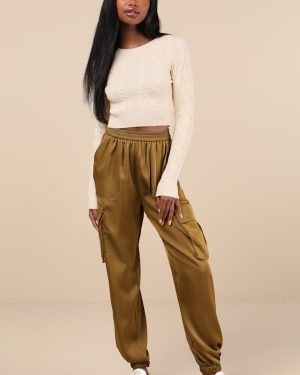 Chic Dedication Olive Green Satin High-Rise Cargo Jogger Pants