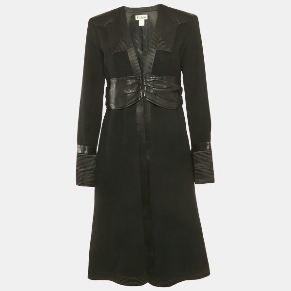 Chloé Black Wool and Cashmere Leather Trimmed Coat M