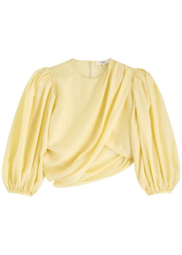 Chloe Draped Wrap-effect Silk Cropped Blouse - Yellow - 36 (UK8 / S)