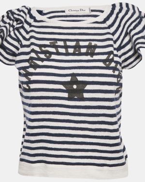 Christian Dior Blue Striped Linen Knit Ruffled Sleeve Top M
