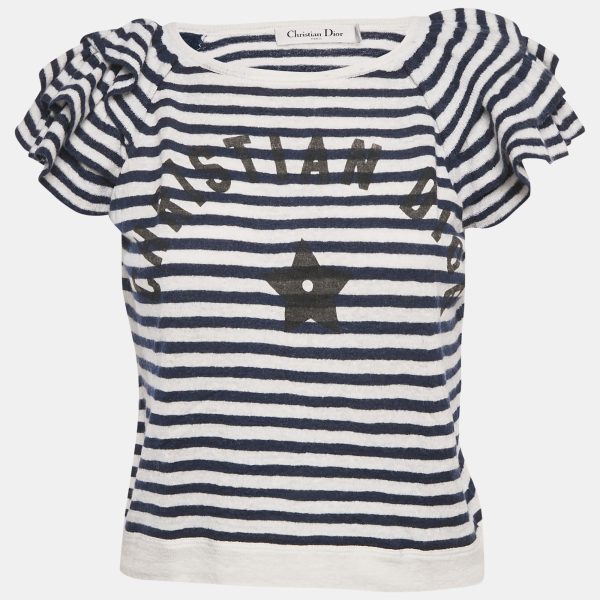 Christian Dior Blue Striped Linen Knit Ruffled Sleeve Top M