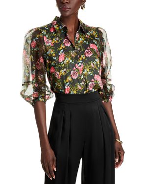 Cinq a Sept Impressionist Floral Sheer Sleeve Blouse