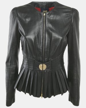 Class by Roberto Cavalli Black Leather Pleated Jacket M