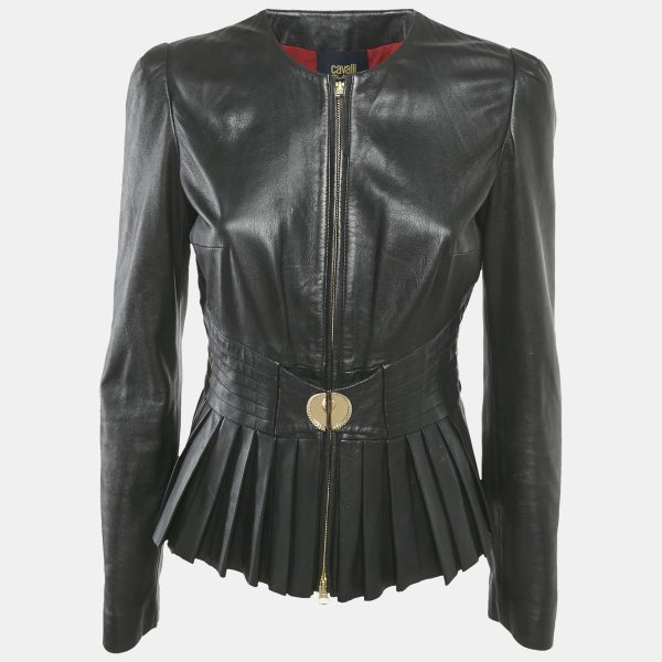 Class by Roberto Cavalli Black Leather Pleated Jacket M