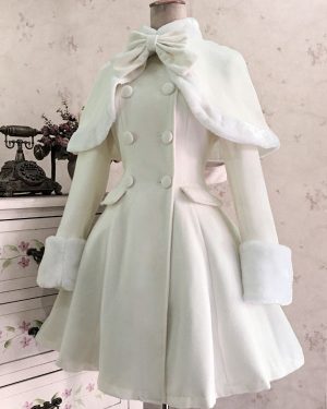 Classic Lolita Wool Coat Bow Double Breasted Furry Lolita Winter Overcoat