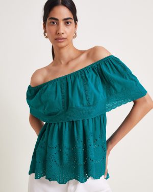 Cleo Broderie Bardot Top Teal