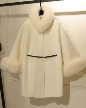 Coat For Woman Ecru White High Collar Long Sleeves Faux Fur Layered Elegant Woolen Coat