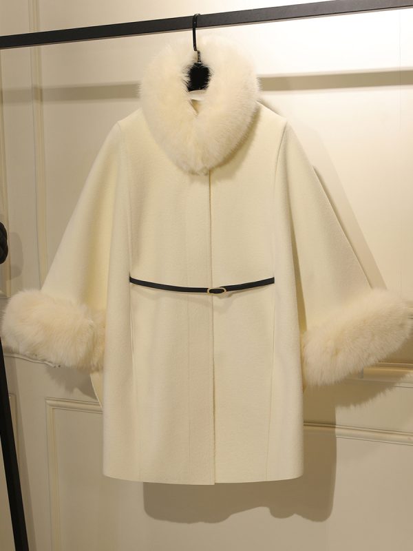 Coat For Woman Ecru White High Collar Long Sleeves Faux Fur Layered Elegant Woolen Coat