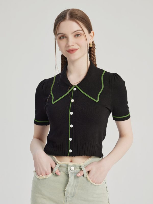 Contrast Polo Knit Top Short Sleeves Crop Top For Women 2025