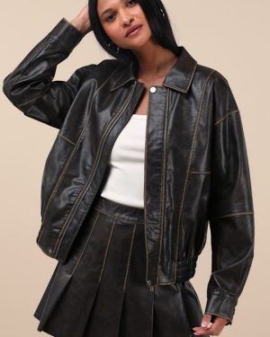 Coolest Era Dark Brown Oversized Vegan Leather Bomber Jacket