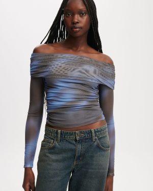 Cotton On Women - Ashley Off Shoulder Mesh Long Sleeve Top - Movement brown