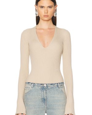Courreges V Neck Rib Knit Bodysuit in Sand - Beige. Size L (also in ).