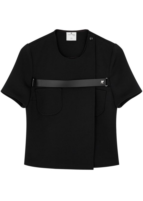 Courrges Strap-embellished Twill Wrap top - Black - 10