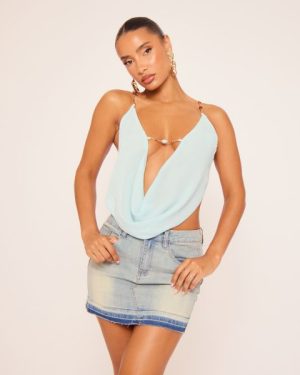 Cowl Halterneck Beaded Strap Top In Blue Print Mesh, Women's Size UK 6