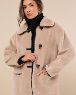 Coziest Forecast Beige Shearling Collared Toggle Coat