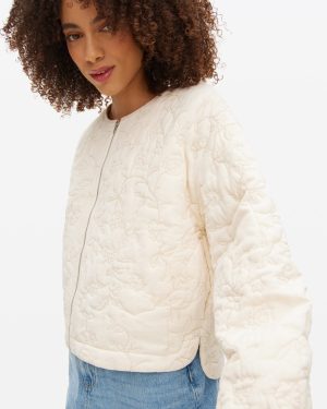 Cream Floral Embroidered Bomber Jacket