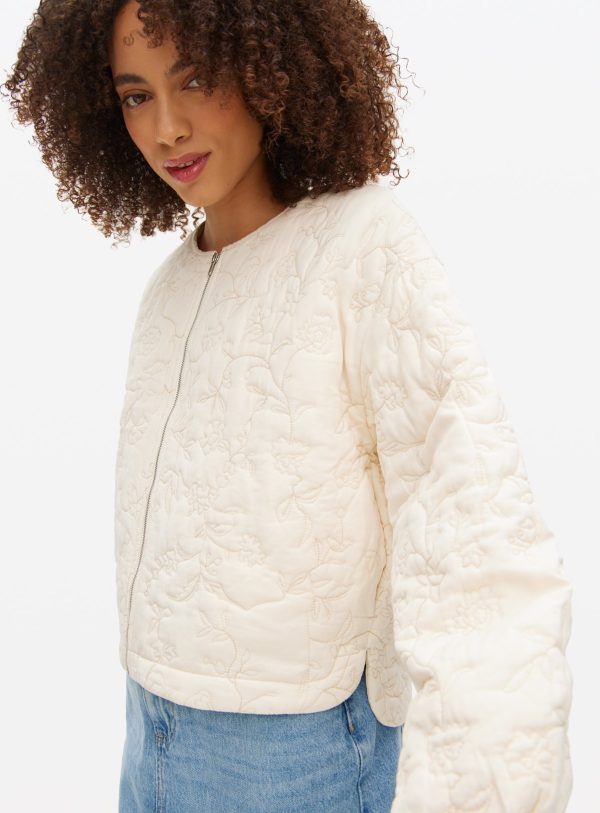 Cream Floral Embroidered Bomber Jacket