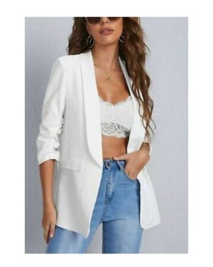 (Cream, M) Ladies Women Ruched Sleeve Fully Lined Blazer Collared Casual Formal Top Jacket