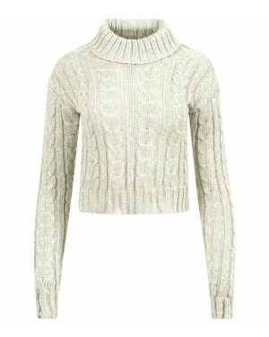 (Cream, SM (UK 8-10)) Ladies Roll Polo Neck Cable Knitted Crop Jumper Long Sleeve Sweater Winter Top