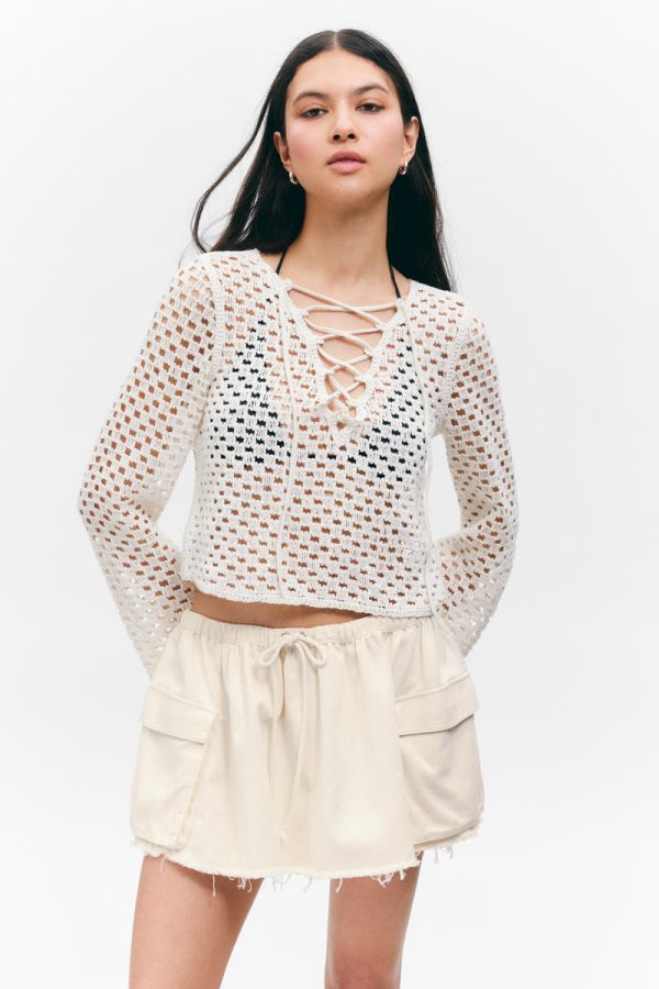 Crochet Knit Long-Sleeved Top