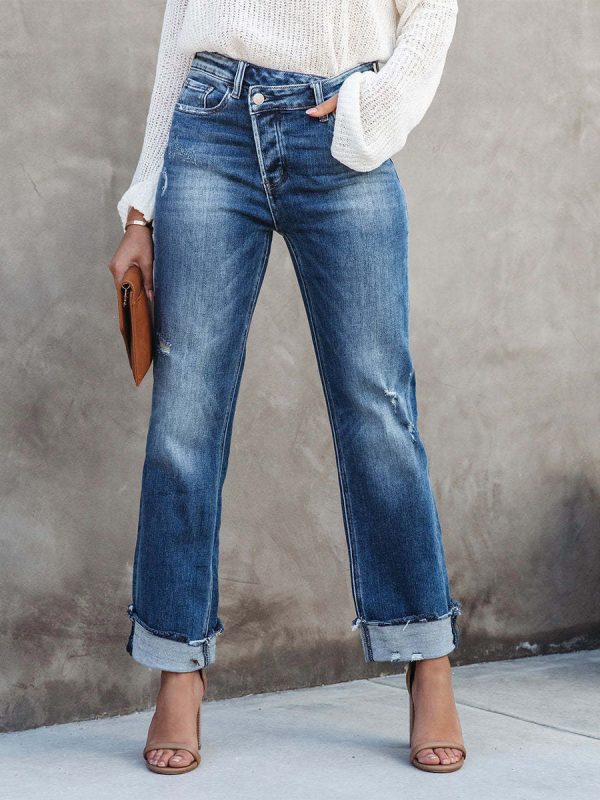 Cropped Denim Pants Button Fly Straight Solid Color Jeans For Women