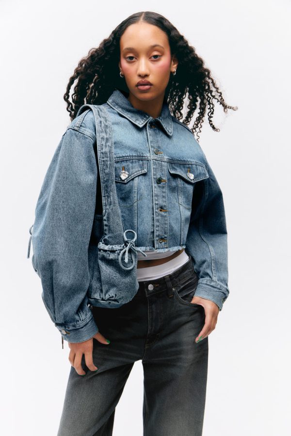 Cropped Oversized Barrel-Sleeved Denim Jacket