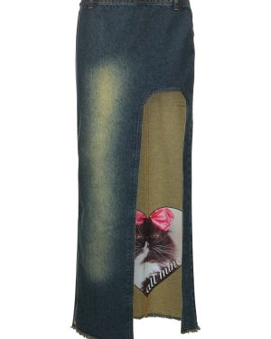 Curved Slit Denim Maxi Skirt