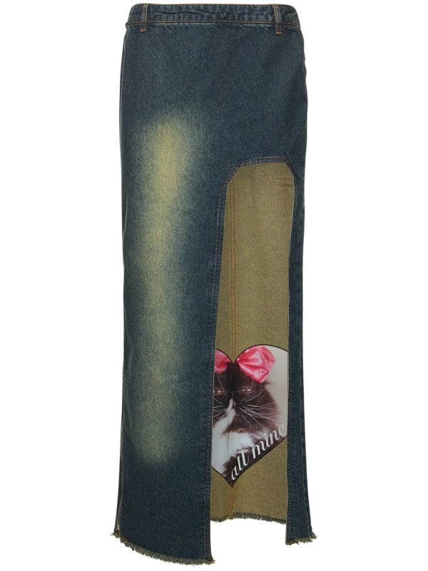 Curved Slit Denim Maxi Skirt