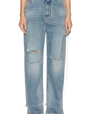 DARKPARK Lisa Chain Adorned Loose Fit Carpenter Straight Leg Jeans in Light Wash Ripped - Blue. Size 24 (also in 25, 26, 27, 28, 29, 30).
