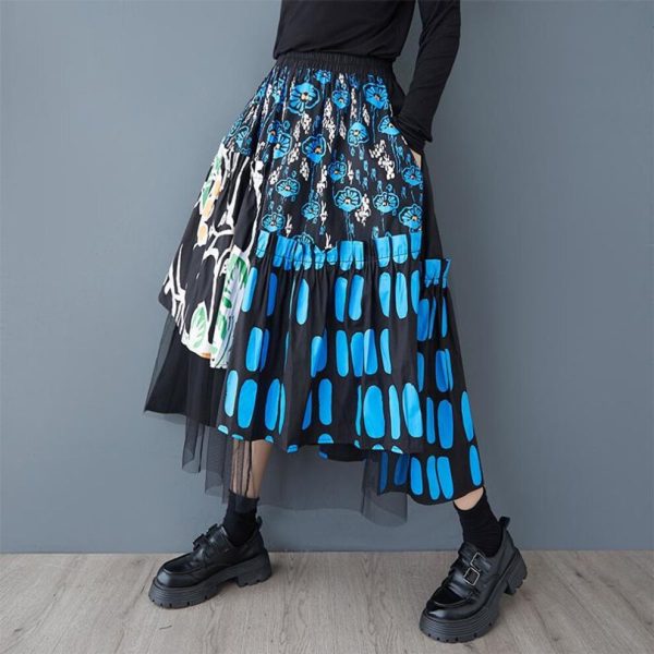 DIMANAF 2025 Spring Summer Plus Size Women New Skirts Vintage Elastic Lace Asymmetrical Skirts Loose High Waist