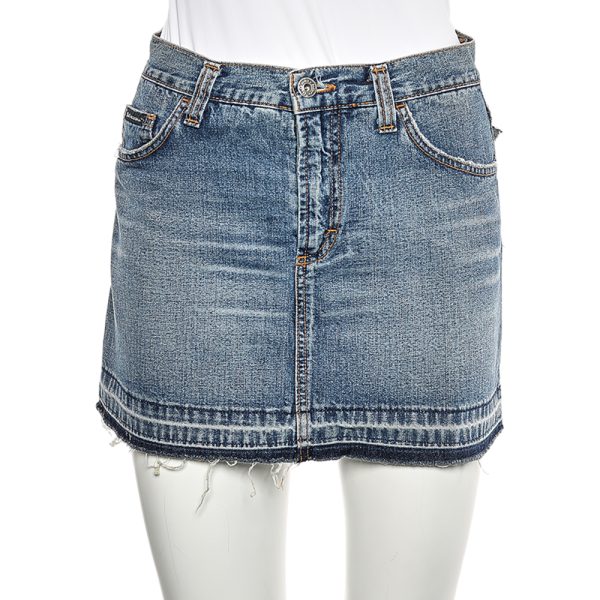 D&G Blue Denim Back Floral Logo Embroidered Mini Skirt S