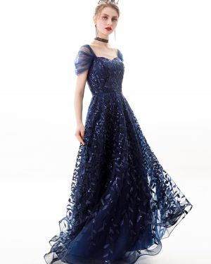Dark Blue Dress Sweetheart Cap Sleeves Leaves Studded Prom Maxi Dresses