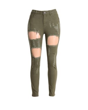 (Dark Green, L) Women Washed Denim Jeans Ripped Hole Zipper Pockets High Waist Stretchy Skinny Pencil Trousers