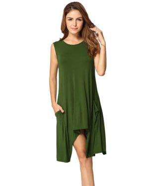 (Dark Green, M) Women Summer Sleeveless Pockets Tunic Tank Tops Asymmetrical Hem Flowy Swing T Shirt