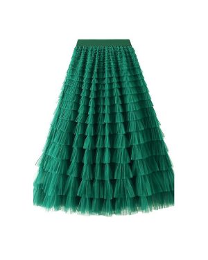 (Dark green) Tiered Elastic Waist Tulle Maxi Skirt