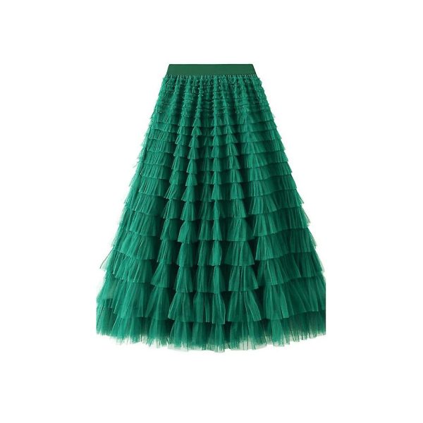 (Dark green) Tiered Elastic Waist Tulle Maxi Skirt