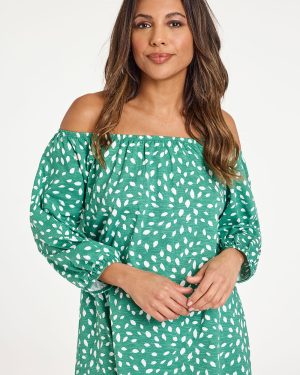 Dash Green/white Long Sleeve Print Bardot Top, Size: 10