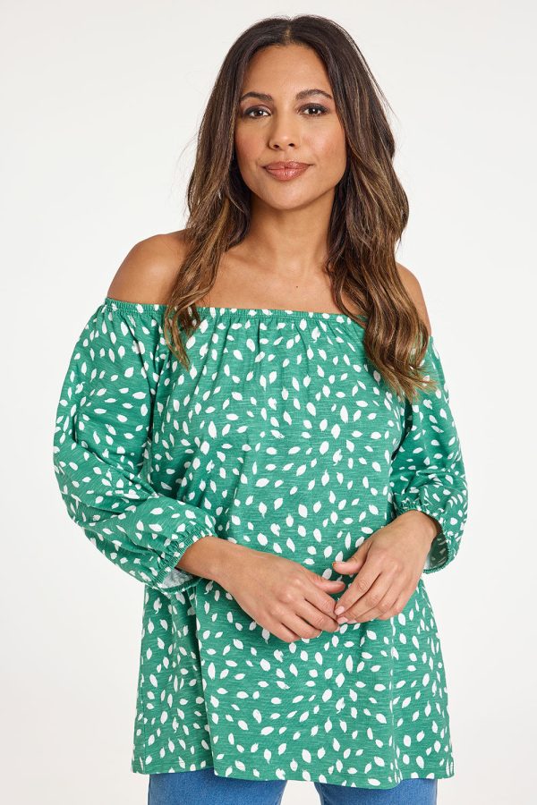 Dash Green/white Long Sleeve Print Bardot Top, Size: 10