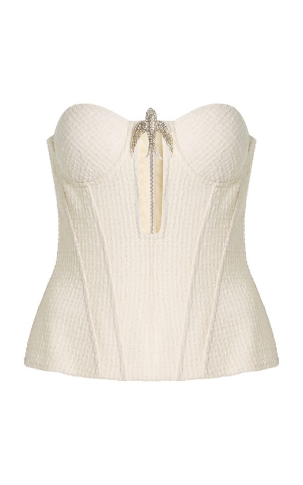 David Koma - Embellished Boucl Corset Top - White - UK 10 - Moda Operandi