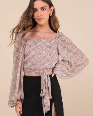 Dedicatedly Chic Taupe Printed Balloon Sleeve Wrap Top