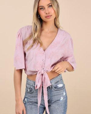 Delightful Darling Pink Floral Embroidered Tie-Front Crop Top