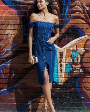 Denim Button Down Bodycon Bardot Midaxi Dress - Navy Denim by Goddiva