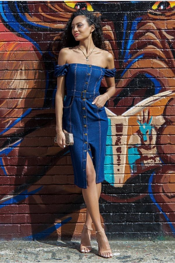 Denim Button Down Bodycon Bardot Midaxi Dress - Navy Denim by Goddiva