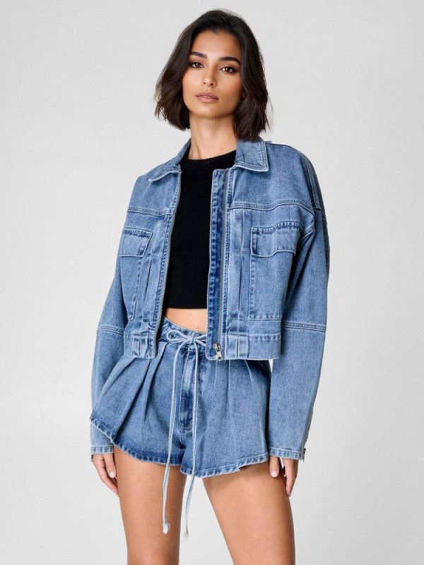 Denim Two Piece Co-ord Set Bomber Jacket And Trendy Short Spring Outfit For Women 2025