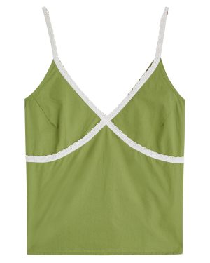 Desmond & Dempsey Poplin Cotton Pyjama Camisole top - Green - XS (UK6 /xs)