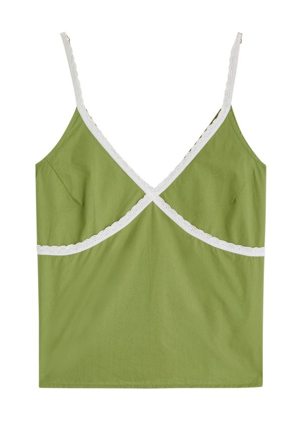 Desmond & Dempsey Poplin Cotton Pyjama Camisole top - Green - XS (UK6 /xs)