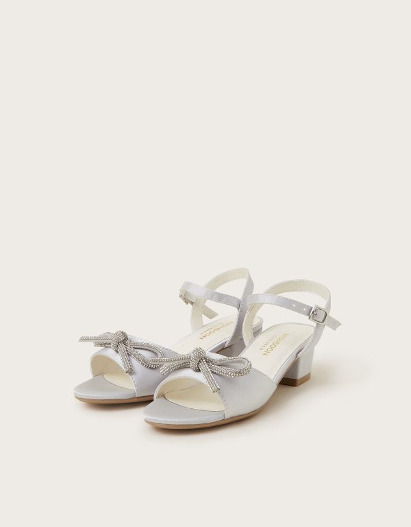 Diamante Bow Satin Heeled Sandals Silver