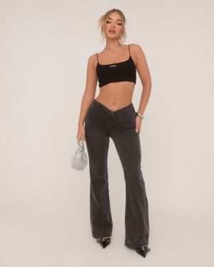 Dipped Waist Ruched Front Flared Jeans In Black Washed Denim, Women's Size UK 6