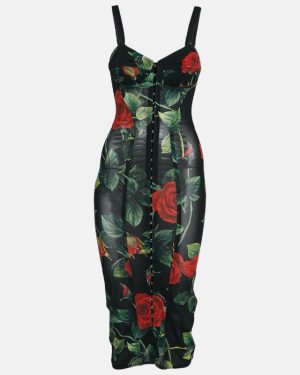 Dolce & Gabbana Black Rose Print Stretch Mesh Sheer Bodycon Dress XS