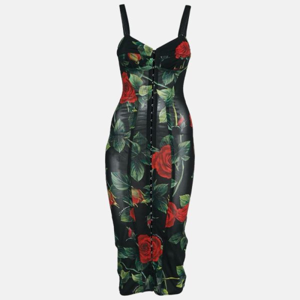 Dolce & Gabbana Black Rose Print Stretch Mesh Sheer Bodycon Dress XS